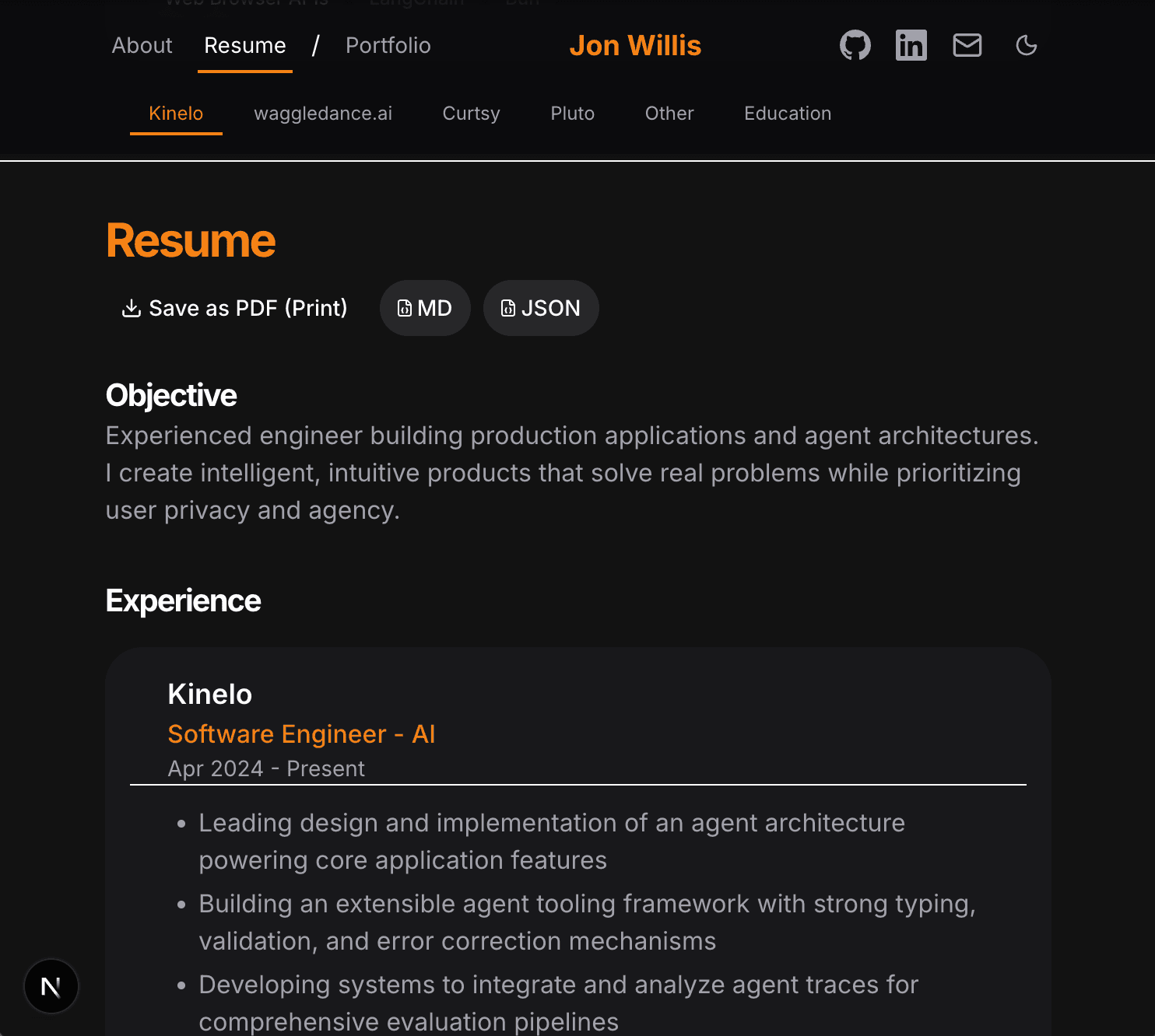 Portfolio site resume section in dark mode