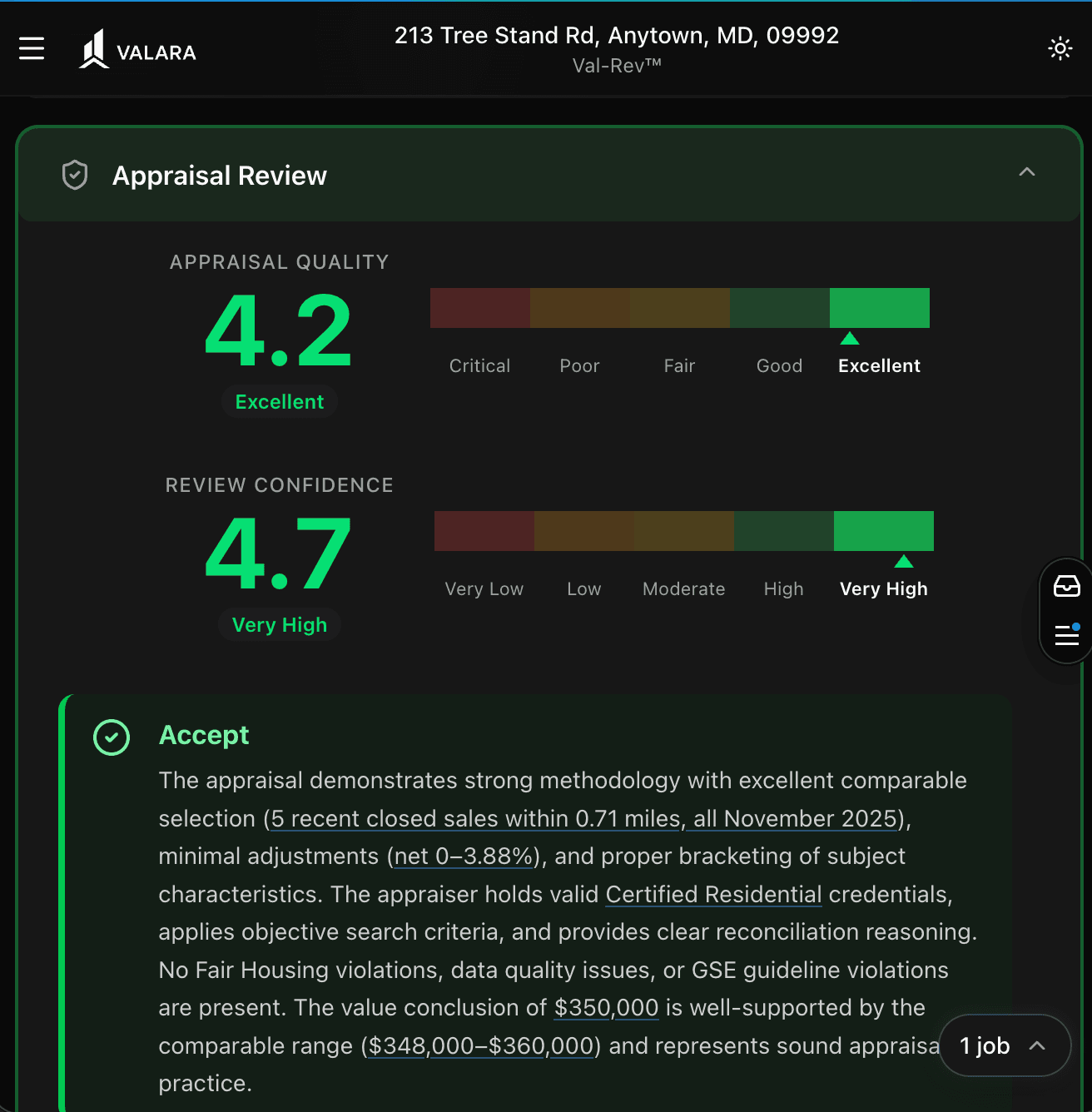 Valara appraisal review showing quality scores and compliance findings